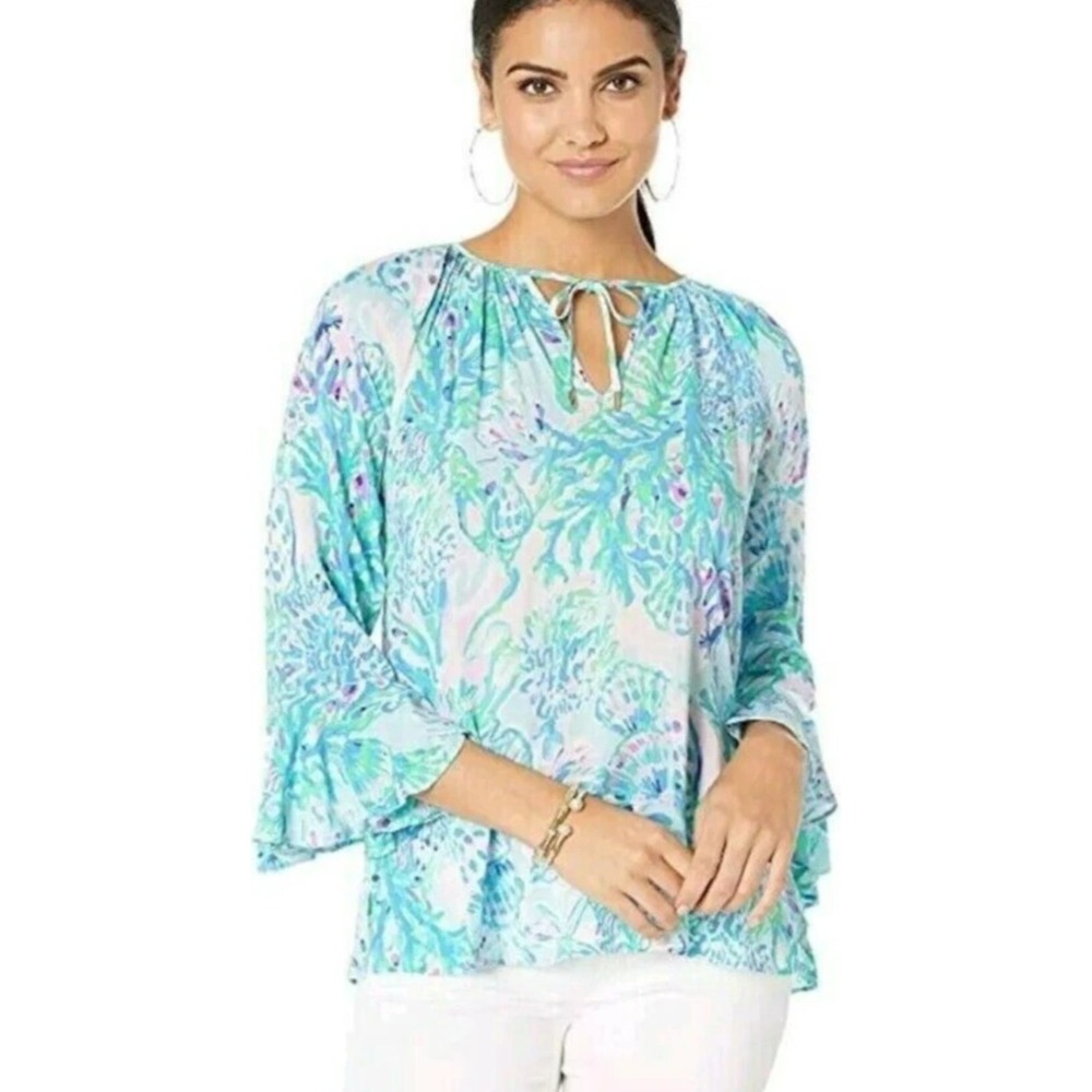 Lilly Pulitzer Wila Tunic Top XXS Coral Reef Print Flounce Sleeve